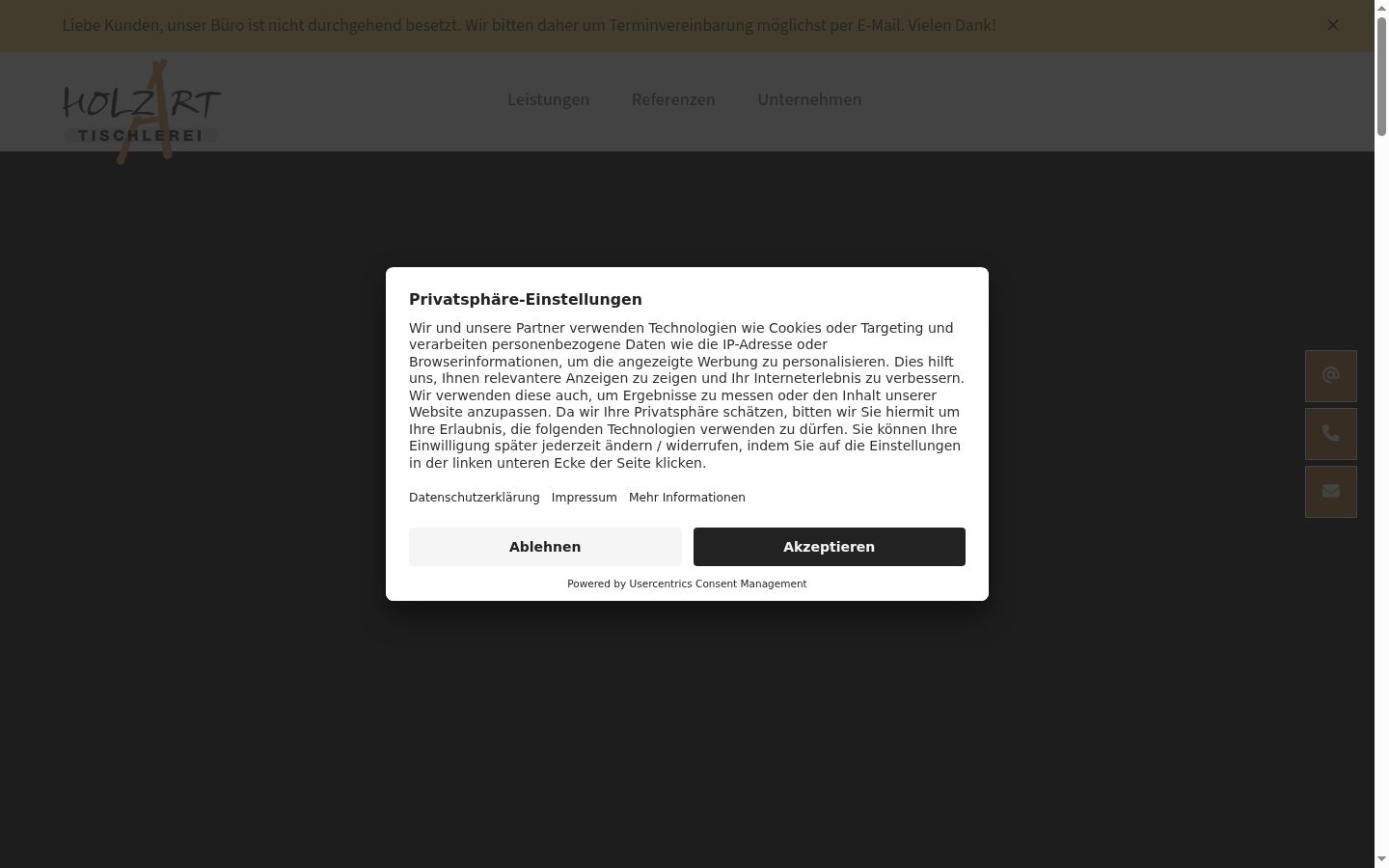 Screenshot des Einwilligungsbanners vor jeglicher Interaktion