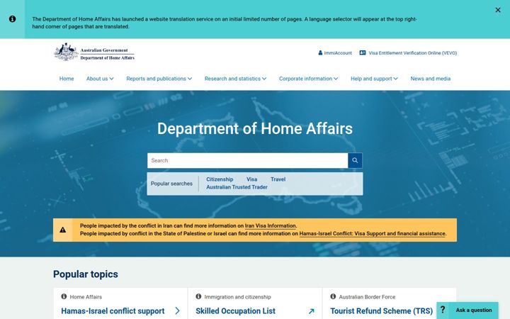 Kuvakaappaus sivustosta homeaffairs.gov.au