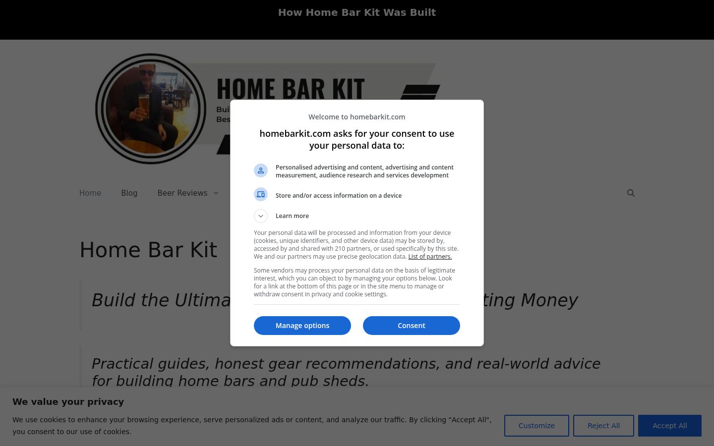 Screenshot del banner di consenso mostrato prima di qualsiasi interazione