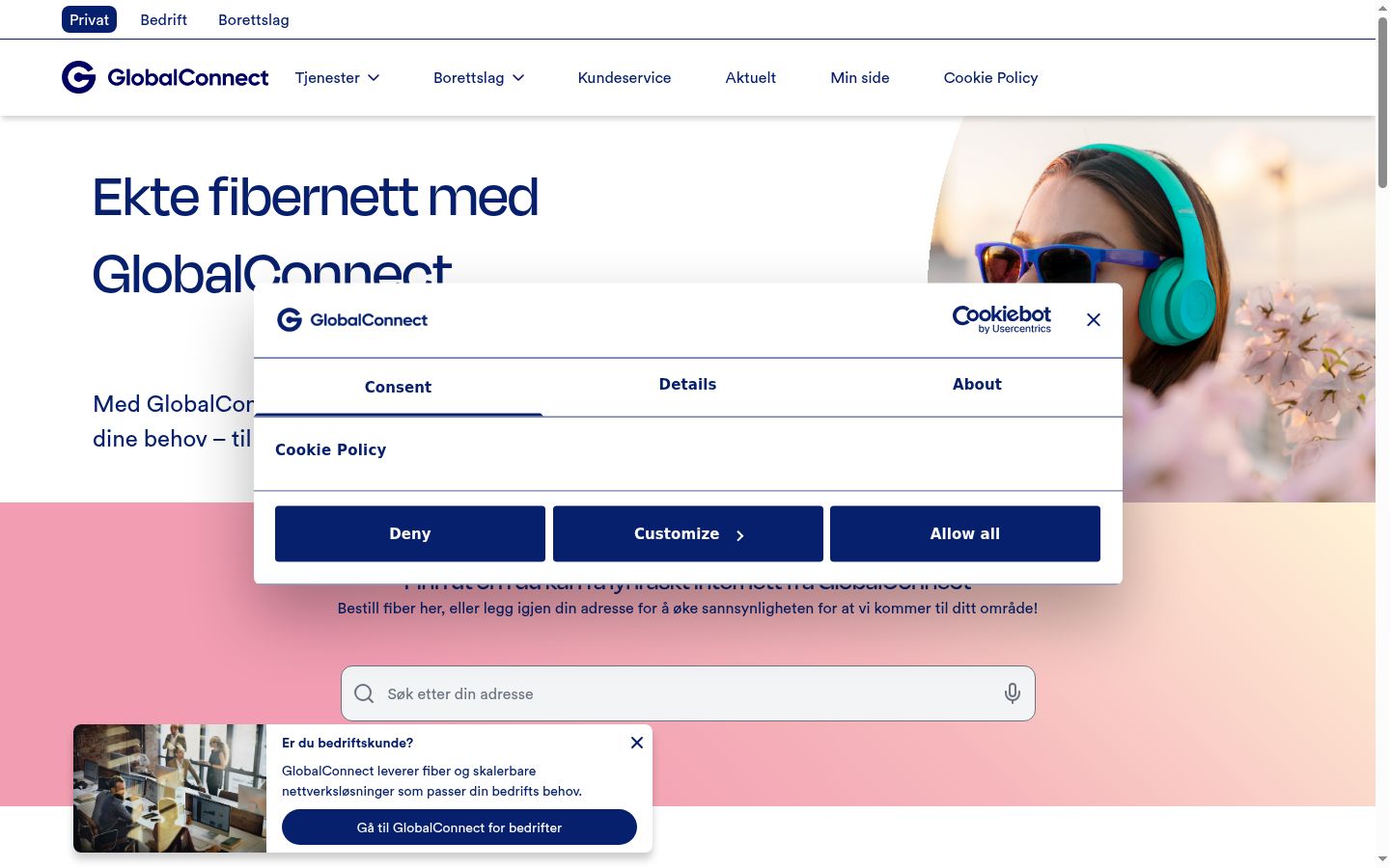 Captura de ecrã do banner de consentimento apresentado antes de qualquer interação