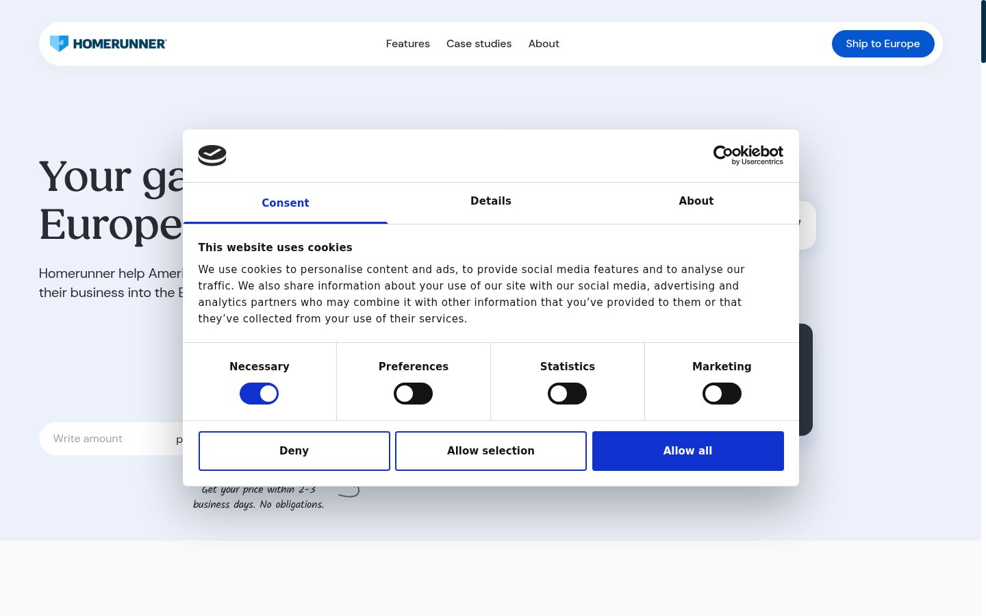 Screenshot del banner di consenso mostrato prima di qualsiasi interazione