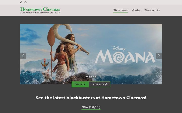 Screenshot of hometowncinemaslumberton.com