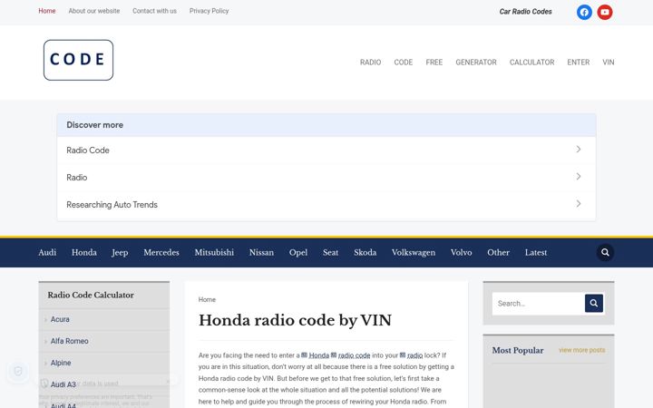 Screenshot of hondaradiocodebyvin.com