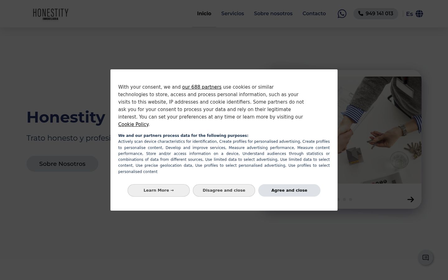 Screenshot del banner di consenso mostrato prima di qualsiasi interazione