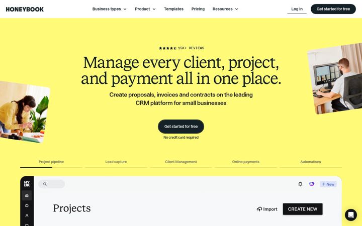 Screenshot of honeybook.com