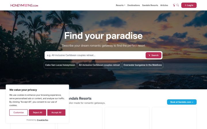 Screenshot of honeymoons.com