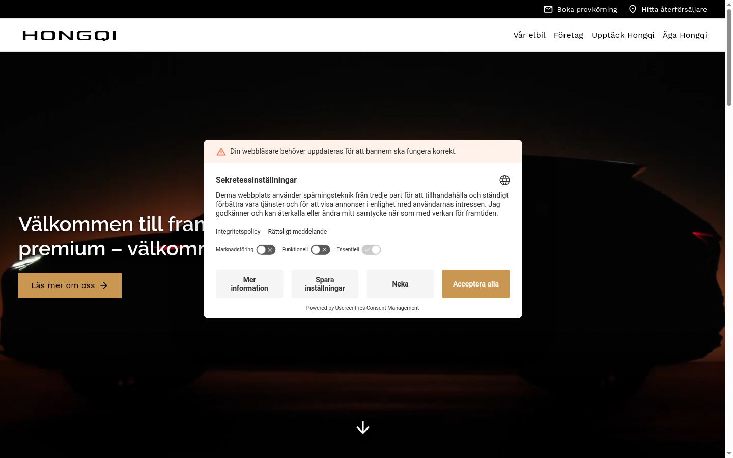 Skærmbillede af samtykkebanneret, som det blev vist før nogen interaktion