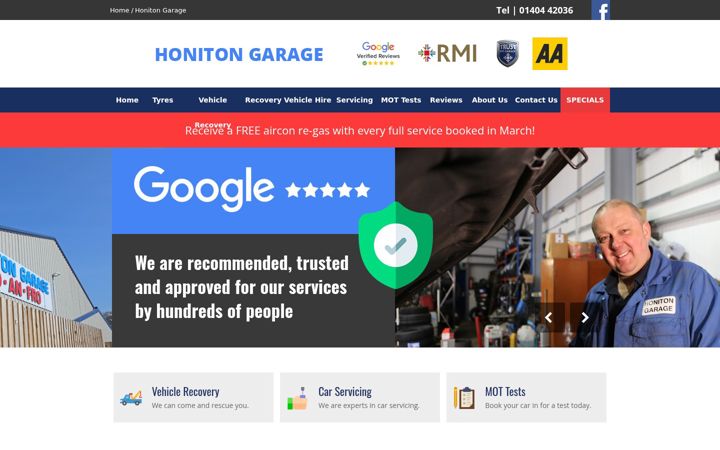 Screenshot of honitongarage.co.uk
