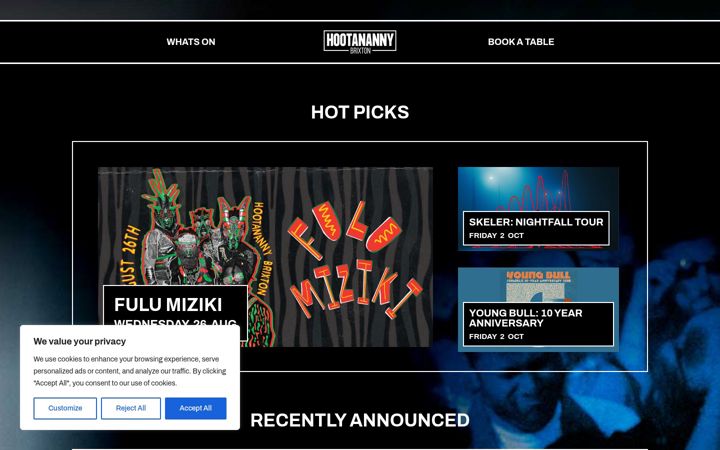 Screenshot of hootanannybrixton.co.uk