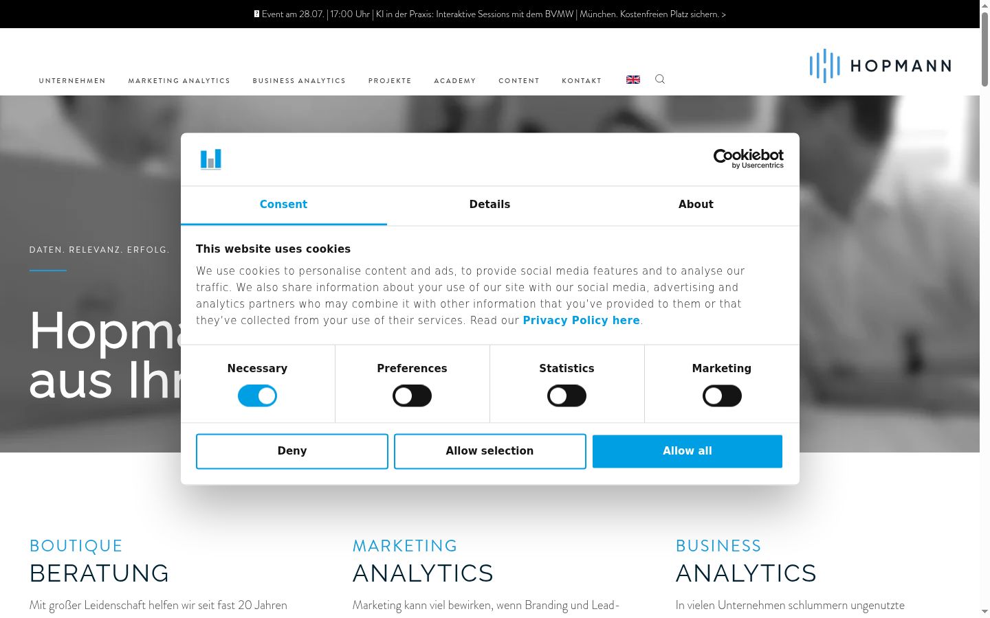 Screenshot of the consent banner shown before any interaction