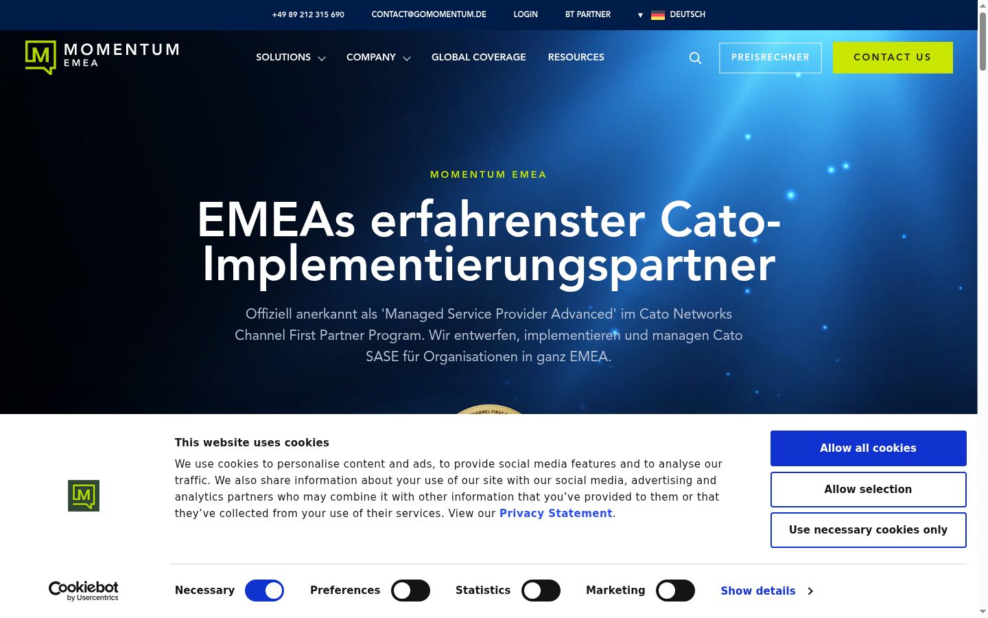 Screenshot des Einwilligungsbanners vor jeglicher Interaktion