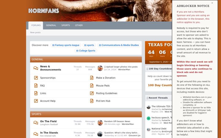 Screenshot of hornfans.com