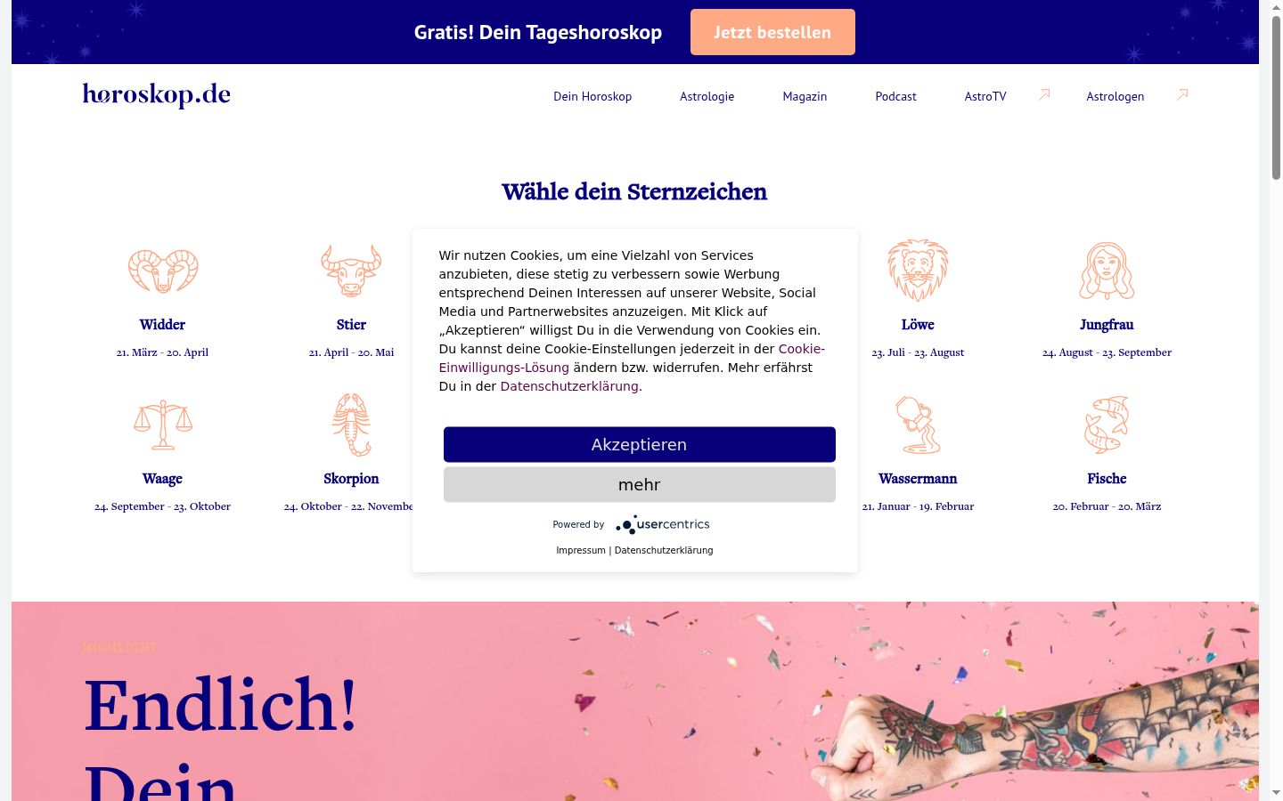 Screenshot des Einwilligungsbanners vor jeglicher Interaktion