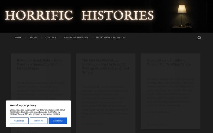 Screenshot of horrifichistories.com