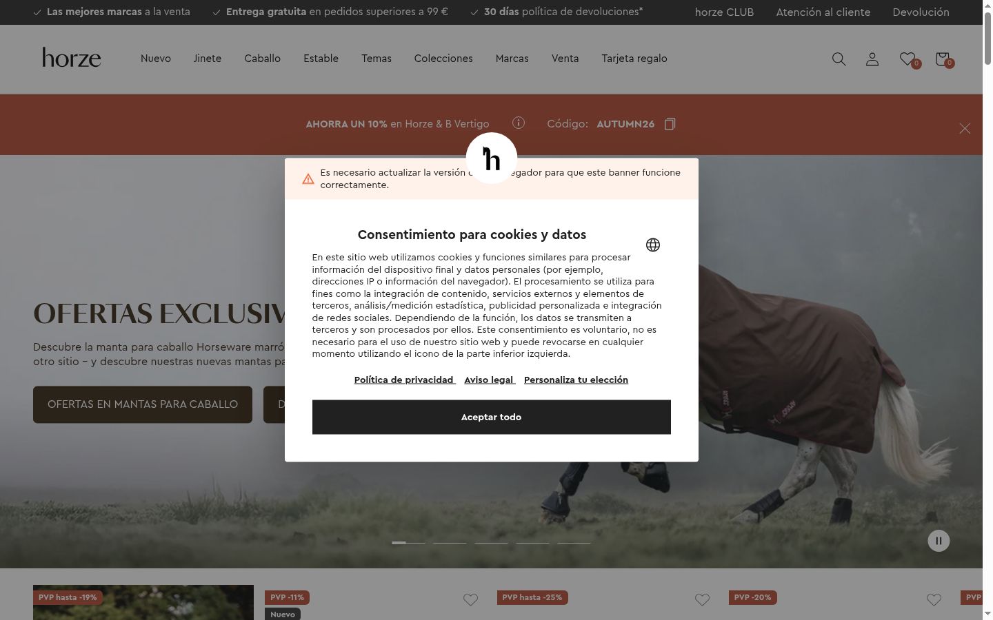 Screenshot del banner di consenso mostrato prima di qualsiasi interazione