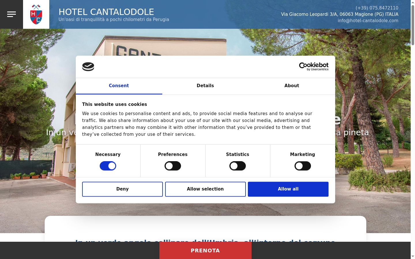 Screenshot del banner di consenso mostrato prima di qualsiasi interazione