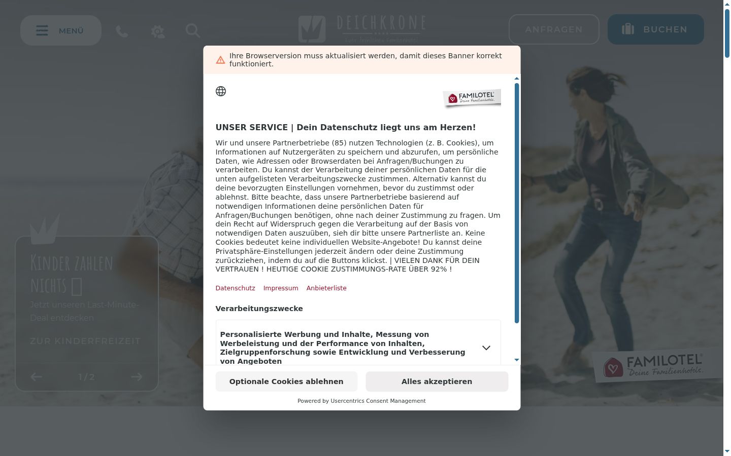 Snimka zaslona bannera za privolu prikazanog prije bilo kakve interakcije