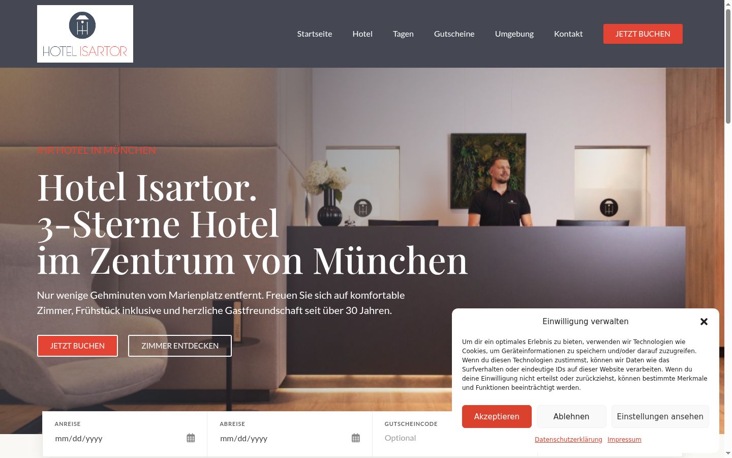 Screenshot des Einwilligungsbanners vor jeglicher Interaktion