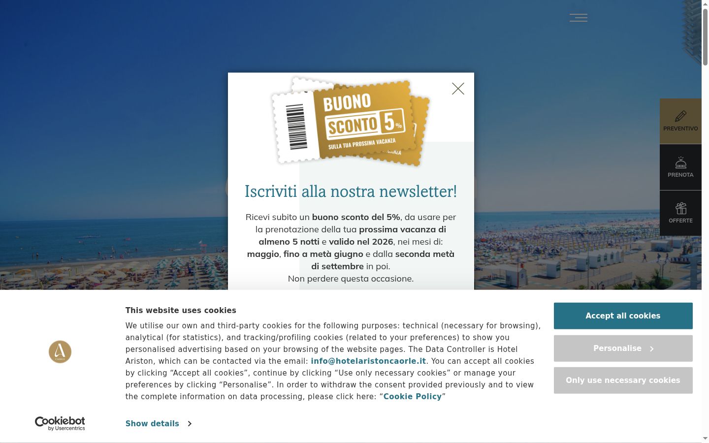 Screenshot del banner di consenso mostrato prima di qualsiasi interazione