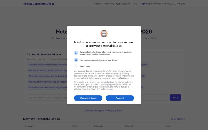 Screenshot of hotelcorporatecodes.com