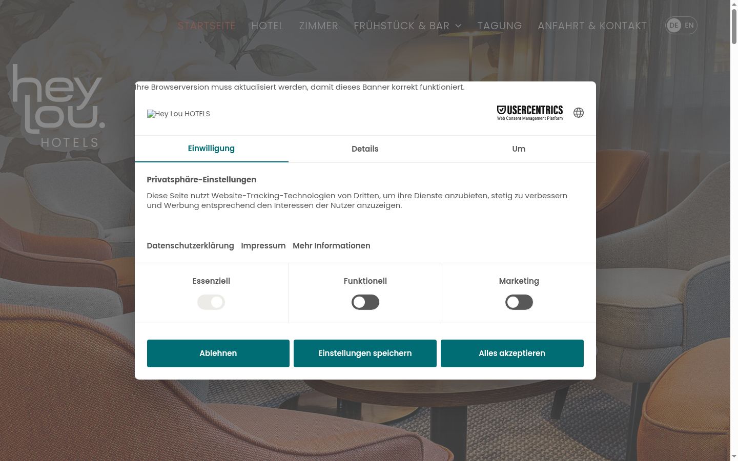 Captura de ecrã do banner de consentimento apresentado antes de qualquer interação