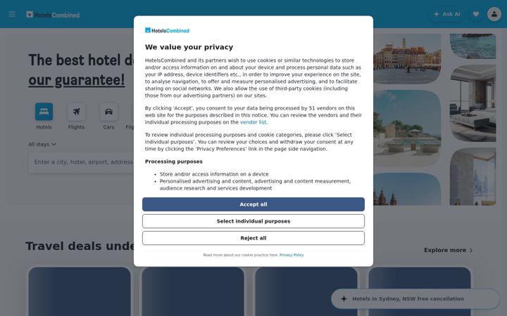 Screenshot of hotelscombined.com.au