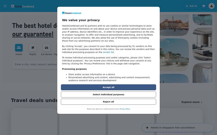 Screenshot of hotelscombined.com.sg