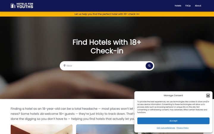 Screenshot of hotelsforyouths.com