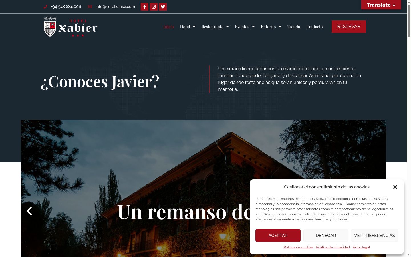 Captura de pantalla del banner de consentimiento mostrado antes de cualquier interacción