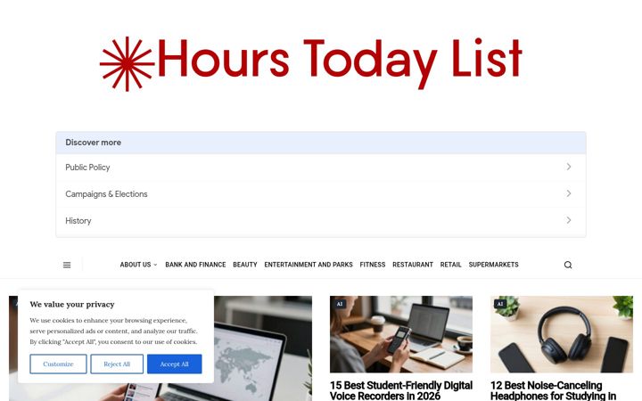 Screenshot of hourstodaylist.com