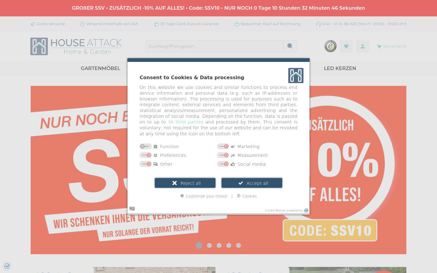 Screenshot del banner di consenso mostrato prima di qualsiasi interazione