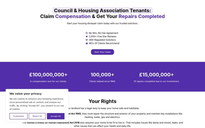 Screenshot of housing-disrepair-claims.co.uk