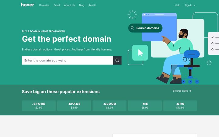 Screenshot von hover.com