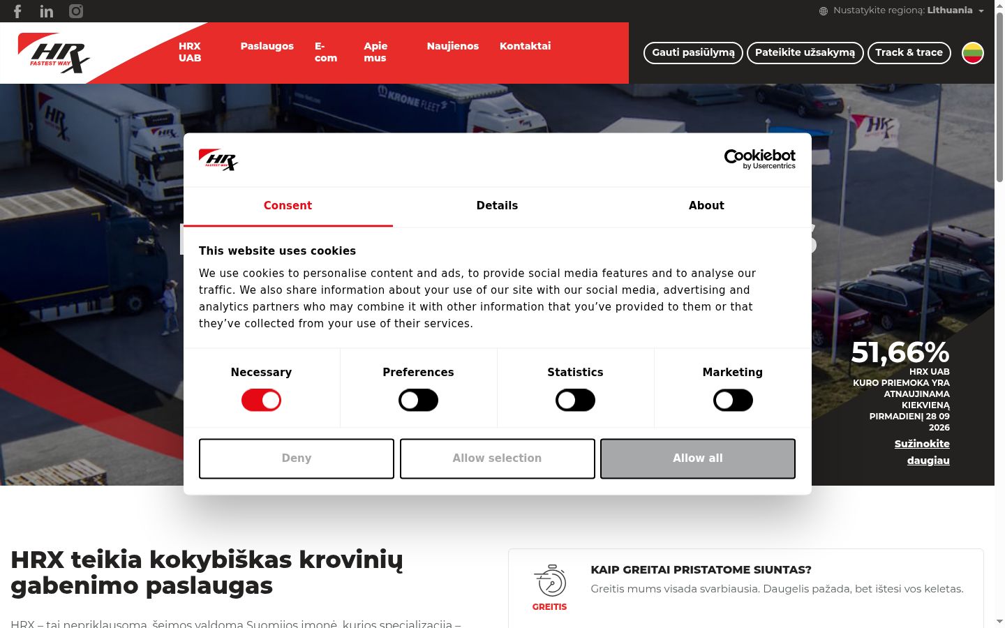 Posnetek zaslona pasice za privolitev, prikazane pred kakršno koli interakcijo