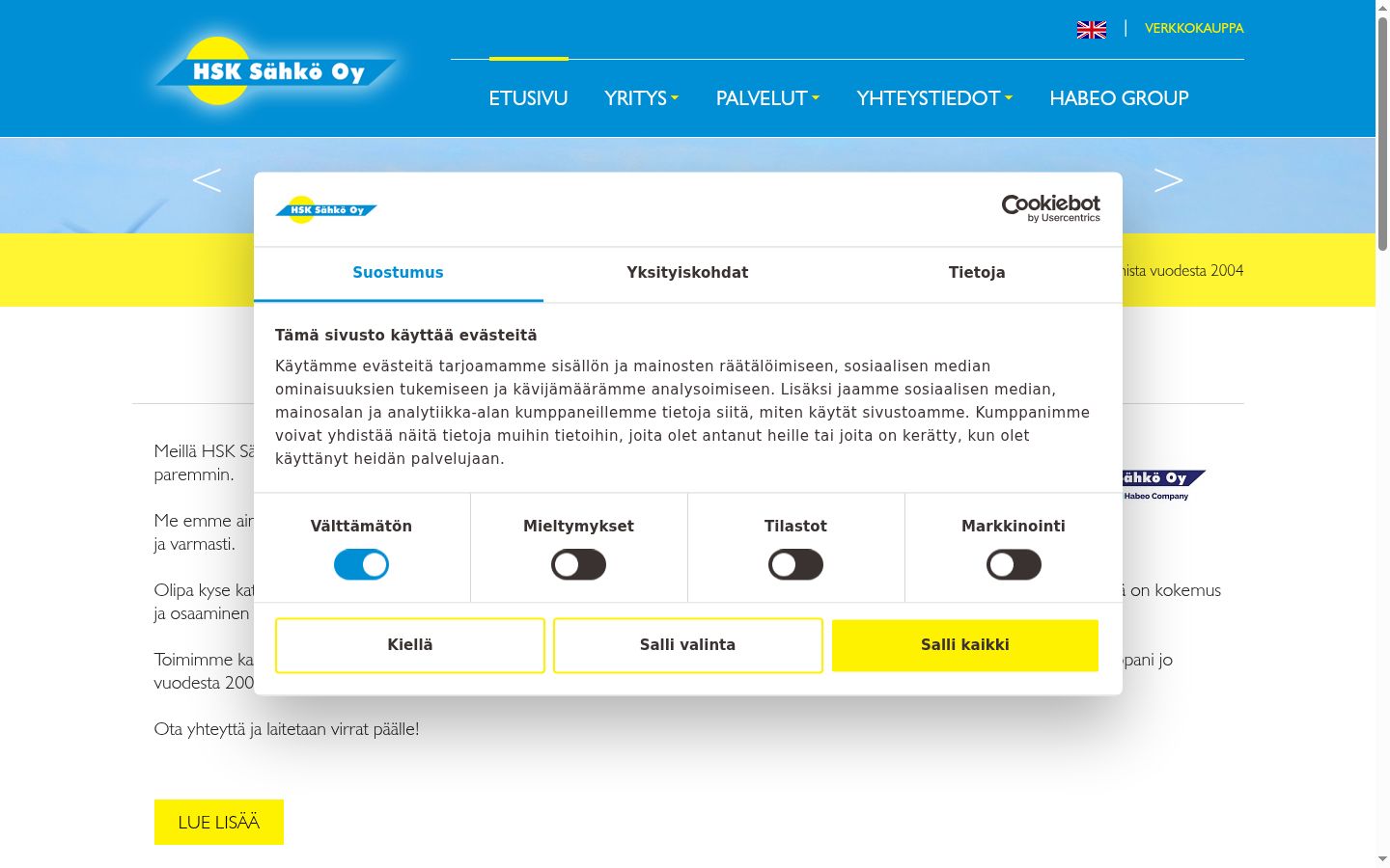 Kuvakaappaus suostumusbannerista, joka näytettiin ennen mitään vuorovaikutusta