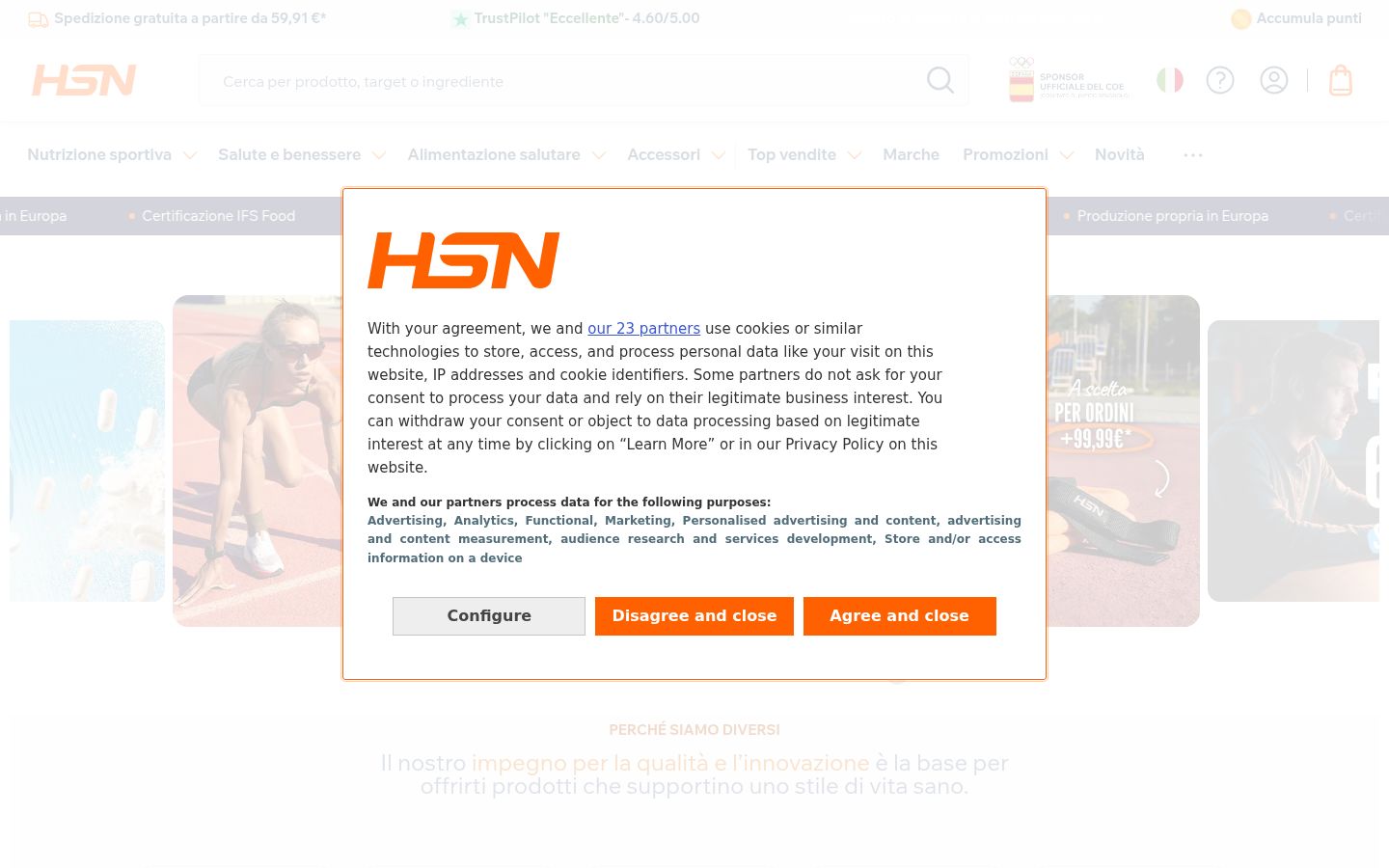 Screenshot del banner di consenso mostrato prima di qualsiasi interazione