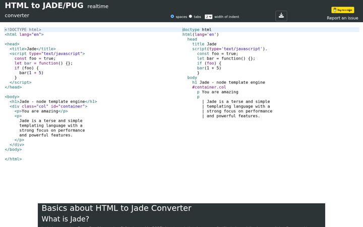 Screenshot of html2jade.org