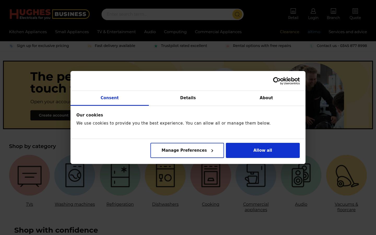 Captura de ecrã do banner de consentimento apresentado antes de qualquer interação