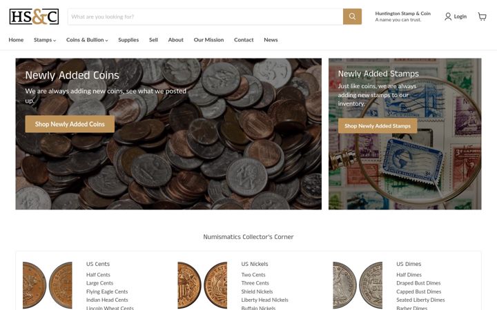 Screenshot of huntingtonstampandcoinshop.com