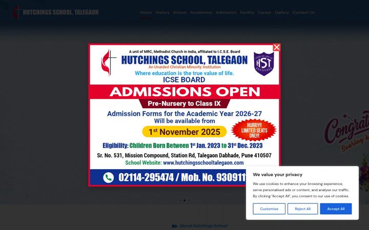 Screenshot of hutchingsschooltalegaon.com