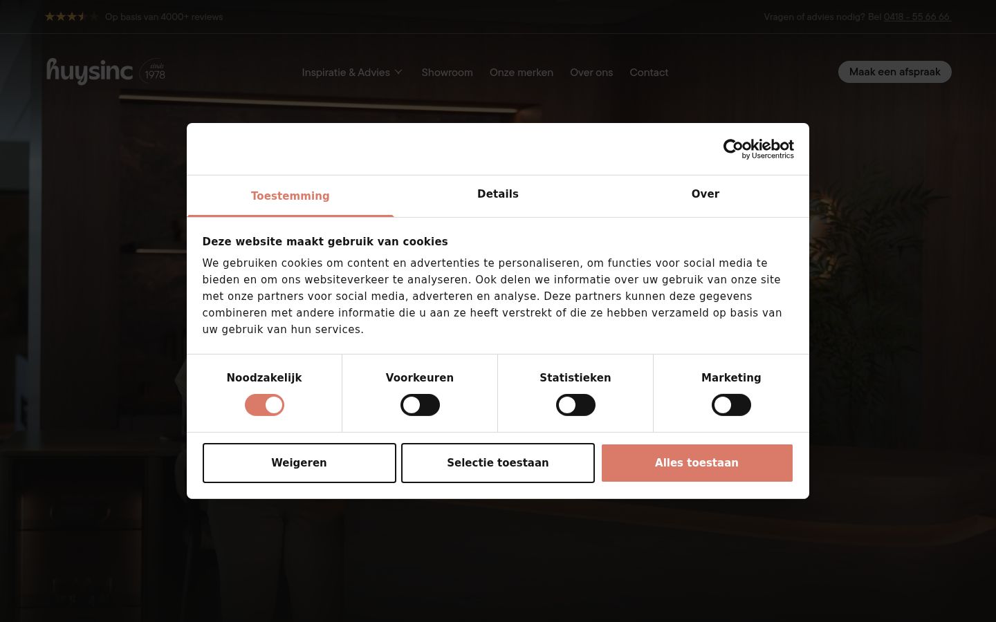 Screenshot van de toestemmingsbanner zoals getoond vóór enige interactie