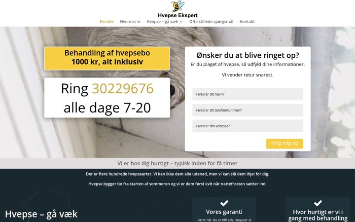 Screenshot of hvepseekspert.dk