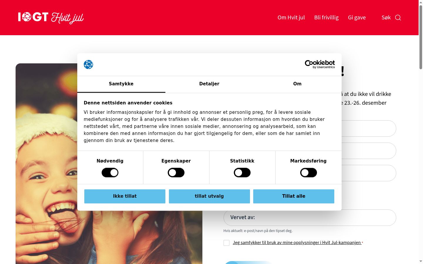 Skärmbild av samtyckesbannern som visades före någon interaktion