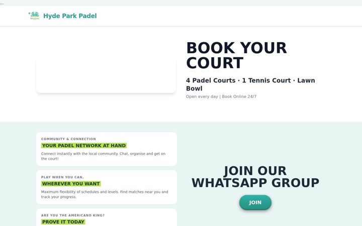 Screenshot of hydeparkpadel.com