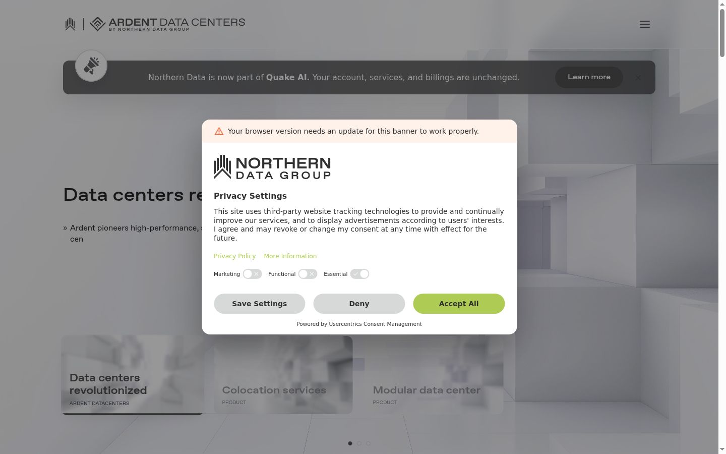 Screenshot del banner di consenso mostrato prima di qualsiasi interazione