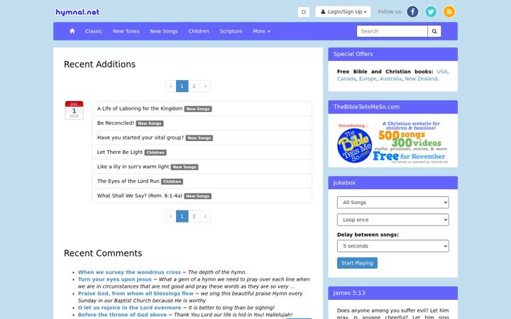 Screenshot of hymnal.net