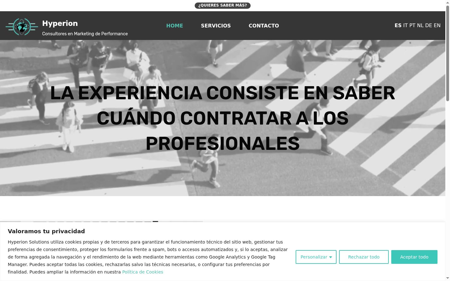 Captura de pantalla del banner de consentimiento mostrado antes de cualquier interacción