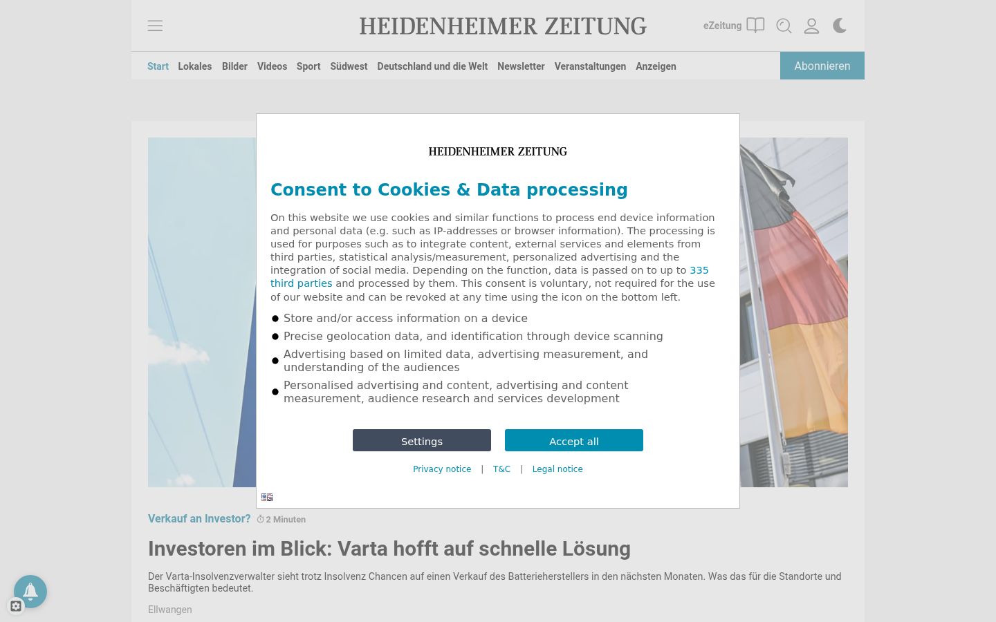 Screenshot del banner di consenso mostrato prima di qualsiasi interazione