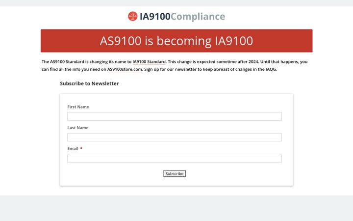 Skjámynd af ia9100compliance.com