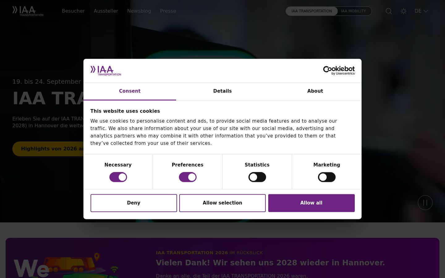 Screenshot del banner di consenso mostrato prima di qualsiasi interazione